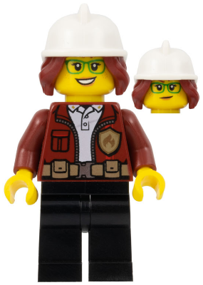 Fire Chief, Female - Freya McCloud, Dark Red Jacket, Black Legs, White Fire Helmet, Open Mouth Smile / Lopsided Grin Pattern