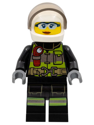 Fire - Reflective Stripes with Utility Belt and Flashlight, White Helmet, Trans-Brown Visor, Safety Glasses, Peach Lips Closed Mouth Smile