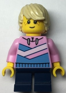 Child - Boy, Bright Pink Hoodie with Medium Blue and White Diagonal Stripes, Dark Blue Short Legs, Tan Tousled Hair, Freckles