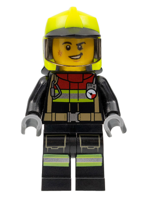 Fire - Male, Black Jacket and Legs with Reflective Stripes and Red Collar, Neon Yellow Fire Helmet, Trans-Brown Visor