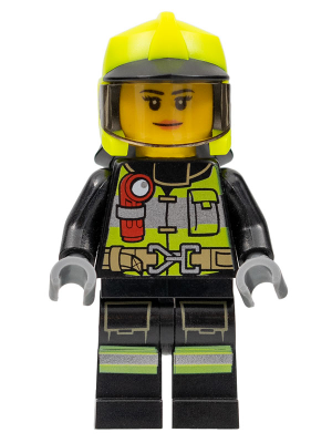 Fire - Reflective Stripes with Utility Belt and Flashlight, Neon Yellow Fire Helmet, Trans-Brown Visor, Peach Lips