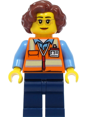 School Bus Driver - Female, Orange Safety Vest with Reflective Stripes, Dark Blue Legs, Reddish Brown Hair