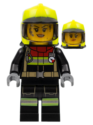 Fire - Female, Black Jacket and Legs with Reflective Stripes and Red Collar, Neon Yellow Fire Helmet, Trans-Brown Visor, Dark Bluish Gray Splotches
