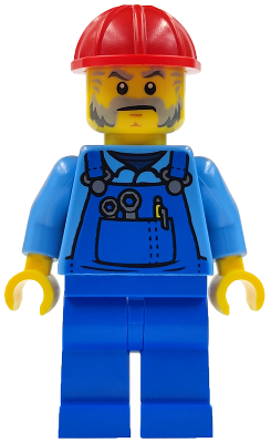 Mechanic - Male, Blue Overalls over Medium Blue Shirt, Blue Legs, Red Construction Helmet, Beard, Back Print