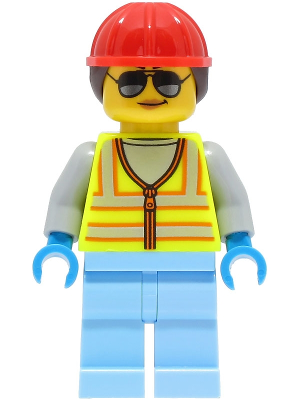 Space Engineer - Female, Neon Yellow Safety Vest, Bright Light Blue Legs, Red Construction Helmet with Dark Brown Ponytail Hair, Sunglasses