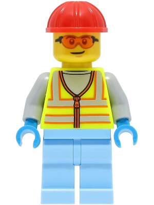 Space Engineer - Male, Neon Yellow Safety Vest, Bright Light Blue Legs, Red Construction Helmet, Safety Glasses