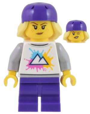 Electric Scooter Rider - Female, White Shirt with Mountains Logo, Dark Purple Medium Legs, Dark Purple Bicycle Helmet with Bright Light Yellow Hair, Freckles