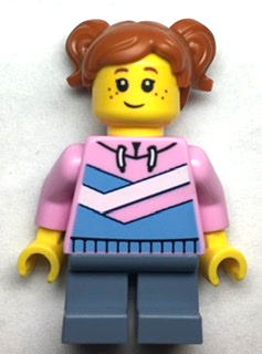 Child - Girl, Bright Pink Hoodie with Medium Blue and White Diagonal Stripes, Sand Blue Short Legs, Dark Orange Hair with Pigtails, Freckles