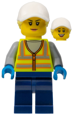Forklift Driver - Female, Neon Yellow Safety Vest, Dark Blue Legs, White Cap with Bright Light Yellow Ponytail Hair