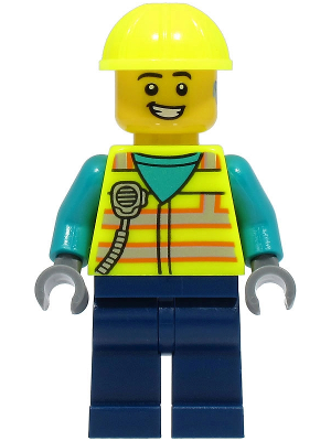 Utility Truck Driver - Male, Neon Yellow Safety Vest with Radio, Dark Blue Legs, Neon Yellow Construction Helmet, Hearing Aid