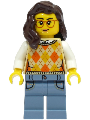 Passenger - Female, Tan Knit Argyle Sweater Vest, Sand Blue Legs with Pockets, Dark Brown Hair, Glasses