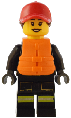 Fire - Female, Reflective Stripes with Utility Belt and Flashlight, Red Cap with Reddish Brown Ponytail, Orange Life Jacket