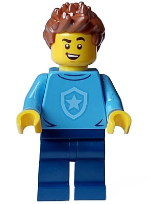 Police - City Officer in Training Male, Medium Blue Shirt with Badge, Dark Blue Legs, Reddish Brown Hair, Open Mouth Smile