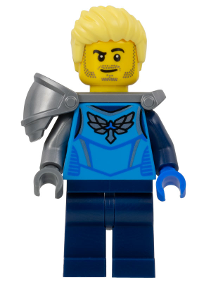 Stuntz Driver - Male, Dark Azure Racing Shirt with Silver Wings Logo, Dark Blue Legs, Flat Silver Shoulder Armor, Bright Light Yellow Spiked Hair Swept Up, Stubble