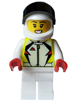 Stuntz Driver - Female, Neon Yellow Jacket, White Legs, White Helmet with Black Visor