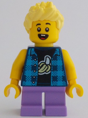 Child - Boy, Flannel Vest over Shirt with Banana, Medium Lavender Short Legs, Bright Light Yellow Spiked Hair