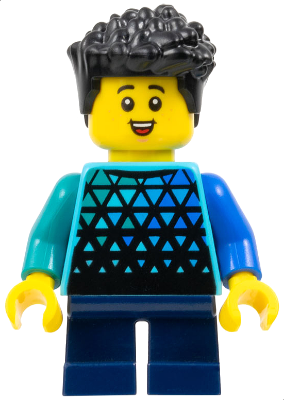 Child - Boy, Medium Azure Top with Triangles, Dark Blue Short Legs, Black Hair