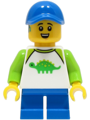 Boy - White Dinosaur Shirt with Lime Sleeves, Blue Short Legs, Blue Cap