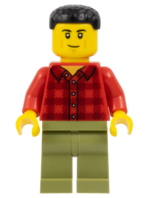 Plane Passenger - Male, Red Plaid Flannel Shirt, Olive Green Legs, Black Short Hair