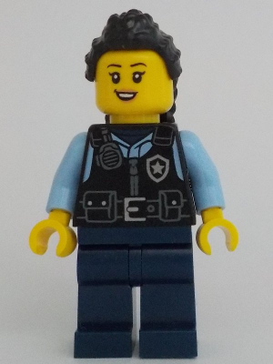 Police - City Officer Female, Black Safety Vest with Silver Star Badge Logo, Dark Blue Legs, Black Hair Long with Braided Ponytail