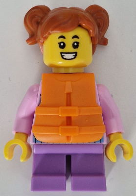 Child - Girl, Bright Pink Hoodie with Medium Blue and White Diagonal Stripes, Medium Lavender Short Legs, Dark Orange Hair with Pigtails, Orange Life Jacket