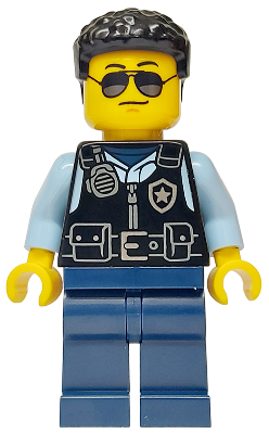 Police - City Officer Male, Black Safety Vest with Silver Star Badge Logo, Dark Blue Legs, Black Hair, Sunglasses