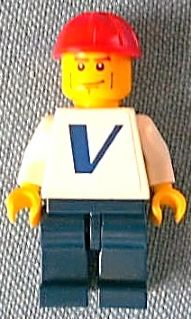 Plain White Torso with Vestas Logo (Sticker) with White Arms, Dark Blue Legs, Red Construction Helmet, Vertical Cheek Lines