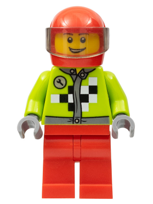 Lime Jacket with Wrench and Black and White Checkered Pattern, Red Legs, Red Helmet, Trans-Brown Visor