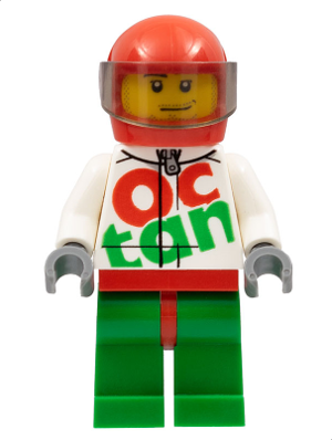 Race Car Driver, White Octan Racing Suit with Silver Zipper, Red Helmet with Trans-Brown Visor, Crooked Smile, Stubble Beard