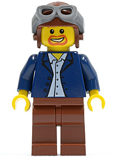 Dark Blue Jacket, Light Blue Shirt, Reddish Brown Legs, Aviator Cap and Goggles