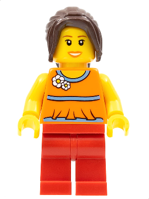 Orange Halter Top with Medium Blue Trim and Flowers Pattern, Red Legs, Dark Brown Hair Ponytail Long with Side Bangs