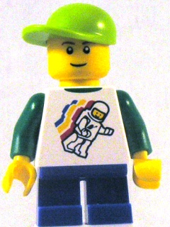 Classic Space Minifigure Floating Pattern, Blue Short Legs, Lime Short Bill Cap (Undetermined Eyebrows)