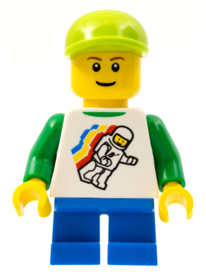 Classic Space Minifigure Floating Pattern, Blue Short Legs, Lime Short Bill Cap, Reddish Brown Eyebrows
