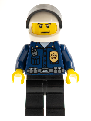 Police - World City Patrolman, Dark Blue Shirt with Badge and Radio, Black Legs, White Helmet, Black Visor